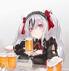 Rule 34 | 1girl, absurdres, alcohol, azur lane, beer, beer mug, black dress, black gloves, black hairband, blush, breasts, closed mouth, cup, dress, elbe (azur lane), elbe (time to show off?) (azur lane), gloves, hairband, highres, holding, holding cup, lips, long hair, looking at viewer, lump saury, medium breasts, mug, multicolored hair, official alternate costume, purple eyes, red ribbon, ribbon, smile, solo, streaked hair, twintails, upper body, white background, white hair