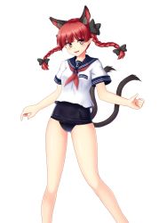 Rule 34 | 1girl, alternate costume, animal ears, braid, cat ears, cat girl, cat tail, extra ears, isaki (gomi), kaenbyou rin, long hair, looking at viewer, multiple tails, neckerchief, nekomata, no pants, one-piece swimsuit, pointy ears, red eyes, red hair, school swimsuit, school uniform, serafuku, shirt, smile, solo, swimsuit, swimsuit under clothes, tail, touhou, twin braids, two tails