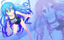 Rule 34 | :3, ahoge, aqua eyes, blue hair, highres, izumi konata, long hair, lucky star, mole, mole under eye, name tag, non-web source, one-piece swimsuit, pool, school swimsuit, swimming, swimsuit, third-party edit, underwater, very long hair, wallpaper