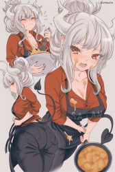 Rule 34 | 1girl, apron, ass, black apron, black pants, blush, bowl, breasts, cleavage, demon girl, demon horns, demon tail, fang, fingernails, grey background, helltaker, highres, horns, large breasts, long hair, looking at viewer, lucifer (helltaker), messy, mole, mole under eye, multiple views, nail polish, open mouth, pants, pantylines, ponytail, red eyes, red nails, red shirt, sharp fingernails, shirt, simple background, frying pan, tail, vinhnyu, whisk, white hair, white horns