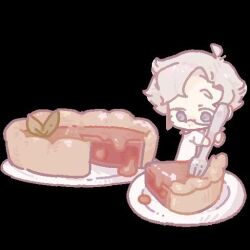 Rule 34 | 1boy, ahoge, black background, blue eyes, chibi, chinese commentary, commentary request, food, fork, glasses, guopi zhixie, holding, holding fork, kanou aogu, lab coat, long sleeves, male focus, mini person, miniboy, pie, pie slice, plate, saibou shinkyoku, short hair, simple background, solo, white hair