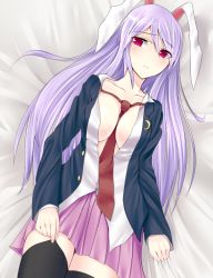Rule 34 | 1girl, animal ears, between breasts, black thighhighs, blazer, blush, breasts, cleavage, female focus, jacket, large breasts, necktie, no bra, open clothes, open shirt, purple hair, rabbit ears, red eyes, red necktie, reisen udongein inaba, shirt, skirt, solo, thighhighs, touhou, ume itoguchi retto, umeo retto
