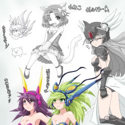 Rule 34 | 5girls, animal ears, animal hands, armor, armored dress, ass, bare shoulders, bow, breastplate, breasts, cat (battle cats), cat ears, cat paws, cat tail, character name, chest plate, cleavage, closed eyes, collage, collar, crown, earmuffs, from behind, gauntlets, green eyes, green hair, grey hair, hair bow, hayashiya zankurou, head only, headset, helmet, highres, ice queen cat, knees together feet apart, long hair, looking up, mary janes, medium breasts, microphone, moneko (battle cats), monochrome, multiple girls, no pupils, nyanko daisensou, one eye closed, open mouth, pointy ears, purple eyes, purple hair, shoes, shoulder pads, skirt, small breasts, smile, spiked hair, strapless, tail, thighs, thundia, thundia (nyanko daisensou), valkyrie cat, windy (battle cats)