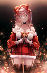 Rule 34 | 1girl, absurdres, bare shoulders, bell, black ribbon, blurry, blush, bokeh, bow, breasts, christmas, christmas tree, cleavage, collarbone, commentary, cowboy shot, depth of field, detached sleeves, fur trim, garter straps, glint, hair bow, hair intakes, halterneck, highres, large breasts, long hair, looking at viewer, medium breasts, mole, mole under eye, open mouth, original, pink hair, pippin (pippin sol), plaid, red bow, revision, ribbon, santa costume, sidelocks, smile, solo, sparkle, standing, straight-on, symbol-only commentary, thighhighs, thighs, underbust, wrist ribbon, yellow eyes