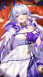 Rule 34 | 1girl, bare shoulders, blue eyes, blush, breasts, cable, choker, cleavage, commentary request, covered navel, cowboy shot, detached sleeves, dress, gloves, grey hair, hair intakes, hand up, holding, holding microphone, honkai: star rail, honkai (series), jg&amp;solin, large breasts, long hair, looking at viewer, microphone, purple choker, robin (honkai: star rail), short sleeves, solo, standing, very long hair, white dress, white gloves