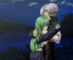 Rule 34 | 1boy, 1girl, breast on chest, breast press, breasts, cloud, crossover, detached sleeves, dragon ball, dragonball z, closed eyes, green hair, height difference, highres, jacket, kamishima kanon, kochiya sanae, large breasts, mountain, night, night sky, silver hair, skirt, sky, star (sky), touhou, trunks (dragon ball), trunks (future) (dragon ball)