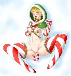 Rule 34 | 1girl, absurdres, ahegao, bell, blonde hair, blue eyes, blush, braid, breasts, candy, candy cane, christmas, clitoris, collar, female focus, food, from above, full body, gloves, half-closed eyes, hand on own chest, hands up, highres, hood, hyrule warriors, itsuko103, linkle, looking up, lying, medium breasts, navel, nintendo, nipple piercing, nipple rings, nipples, nude, object insertion, on back, open mouth, piercing, pussy, pussy juice, red thighhighs, rolling eyes, simple background, snow, snowing, solo, spread legs, striped clothes, striped gloves, striped thighhighs, teeth, the legend of zelda, thighhighs, tongue, tongue out, twin braids, uncensored, vaginal, vaginal object insertion, white background