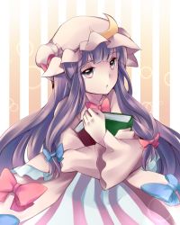 Rule 34 | 1girl, bad id, bad pixiv id, book, bow, crescent, crescent hair ornament, gradient background, hair ornament, hair ribbon, hat, holding, holding book, long sleeves, looking at viewer, patchouli knowledge, purple eyes, purple hair, ribbon, richard, solo, striped, striped background, tan background, touhou, tress ribbon, upper body, vertical stripes, white background