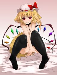 Rule 34 | 1girl, animal ears, arano oki, bdsm, black thighhighs, blonde hair, bow, collar, crystal, dog ears, dog tail, female focus, flandre scarlet, hair bow, hat, hat bow, leash, nude, on bed, red eyes, short hair, side ponytail, sitting, slave, smile, solo, tail, thighhighs, touhou, wings