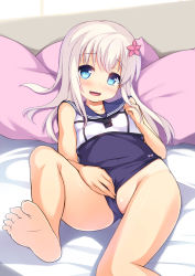 Rule 34 | 10s, 1girl, :d, barefoot, bed sheet, blue eyes, blush, clothing aside, feet, flower, hair flower, hair ornament, kantai collection, long hair, looking at viewer, lying, on back, one-piece swimsuit, one-piece tan, open mouth, pillow, ro-500 (kancolle), safi, school swimsuit, smile, soles, solo, swimsuit, swimsuit aside, swimsuit under clothes, tan, tanline, toes, white hair