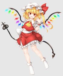Rule 34 | 1girl, ascot, blonde hair, bloomers, bow, crystal, eyes visible through hair, fang, flandre scarlet, frilled shirt collar, frilled skirt, frills, full body, grey background, hat, highres, laevatein, marukyuu ameya, mob cap, monochrome background, one side up, open mouth, outline, puffy short sleeves, puffy sleeves, red bow, red eyes, red ribbon, red skirt, ribbon, short hair, short sleeves, simple background, skirt, smile, socks, touhou, underwear, white outline, wings, yellow ascot