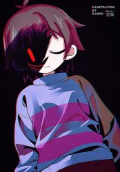 Rule 34 | 1other, absurdres, antenna hair, artist name, black background, blue sweater, brown hair, brown pants, chara (undertale), closed mouth, commentary request, frisk (undertale), frown, hair between eyes, hair flaps, highres, kansou (kanso 1), long sleeves, one eye closed, open mouth, pants, purple sweater, red eyes, revealing layer, short hair, simple background, smile, solo, striped clothes, striped sweater, sweater, turtleneck, turtleneck sweater, twitter username, undertale, upper body, | |