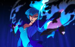 Rule 34 | 1girl, angry, artist name, blue background, blue eyes, blue hair, blue lips, breasts, cleavage, disney, disneyland, fire, gradient background, lipstick, makeup, ms. hades, outstretched arms, recruiters (disney), solo, tbhoudai, upper body