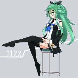 Rule 34 | 10s, 1girl, adjusting clothes, adjusting legwear, annoyed, aqua eyes, aqua hair, bare shoulders, black ribbon, black skirt, black thighhighs, breasts, commentary request, cross-counter (screw upper), detached sleeves, dress, from side, hair between eyes, hair ornament, hair ribbon, hairclip, kantai collection, leg lift, long hair, looking at viewer, medium breasts, messy hair, miniskirt, no shoes, parted bangs, pleated skirt, ponytail, pouty lips, ribbon, sitting, skirt, sleeveless, sleeveless dress, solo, thighhighs, thighs, wide sleeves, yamakaze (kancolle)