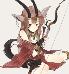 Rule 34 | 1girl, animal ears, black gloves, blush, bow, bow (weapon), brown hair, buruma, commentary, earrings, feet out of frame, fingerless gloves, gazelle ears, gazelle horns, gazelle tail, gloves, grey background, hisona (suaritesumi), holding, holding bow (weapon), holding weapon, holster, horns, jewelry, knife, long hair, looking at viewer, necklace, off shoulder, original, sidelocks, simple background, sitting, solo, tareme, thigh holster, wariza, weapon, wrist cuffs