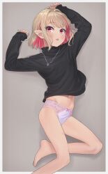 Rule 34 | 1girl, ahoge, barefoot, black shirt, blonde hair, border, colored inner hair, fang, feet, foot out of frame, highres, jewelry, legs, looking at viewer, makaino ririmu, multicolored hair, navel, necklace, nijisanji, no pants, open mouth, outside border, panties, pointy ears, red eyes, red hair, sabamen, shirt, short hair, simple background, skin fang, solo, streaked hair, toenails, toes, two-tone hair, underwear, virtual youtuber, white border
