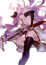 Rule 34 | 10s, 1girl, ass, asymmetrical legwear, backless dress, backless outfit, bare shoulders, black thighhighs, blue eyes, braid, breasts, detached sleeves, draph, dress, floating hair, from behind, granblue fantasy, hair ornament, highres, holding, holding sword, holding weapon, horns, katana, large breasts, leaning forward, light purple hair, long hair, looking at viewer, looking back, narmaya (granblue fantasy), sheath, sideboob, single sock, single thighhigh, socks, solo, sword, thighhighs, uneven legwear, unsheathing, very long hair, weapon, yurika0207