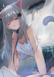 Rule 34 | 1girl, ;o, all fours, animal collar, animal ears, bare arms, bare shoulders, blue eyes, blurry, blurry background, cat ears, cat girl, cat tail, collar, commentary request, crop top, curtains, from below, gra2 (gurqgurq2), grey hair, grey skirt, hair ornament, highres, indie virtual youtuber, leash, long hair, messy hair, nachoneko, one eye closed, plaid, plaid skirt, skirt, tail, tearing up, virtual youtuber