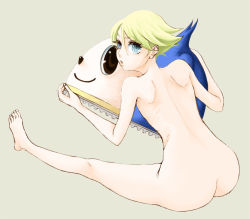 Rule 34 | 1boy, ass, atlus, bad id, bad pixiv id, barefoot, blonde hair, blue eyes, dual persona, feet, gami (n09), kuma (persona 4), looking at viewer, looking back, male focus, persona, persona 4, solo, trap