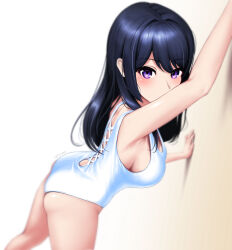 Rule 34 | 1girl, absurdres, against wall, arm up, armpits, ass, bare arms, black hair, breasts, clothing cutout, from side, hibike! euphonium, highres, kneepits, kousaka reina, long hair, looking at viewer, medium breasts, natme24, one-piece swimsuit, purple eyes, solo, strap gap, swimsuit, white one-piece swimsuit