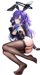 Rule 34 | 1girl, alternate costume, animal ears, ass, bad id, bad twitter id, black garter straps, black gloves, black leotard, blue archive, blue necktie, bow legwear, breasts, brown thighhighs, closed mouth, detached collar, full body, garter straps, gloves, halo, highres, large breasts, leotard, long hair, lying, necktie, on side, playboy bunny, purple eyes, purple hair, rabbit ears, rity, shrug (clothing), simple background, solo, thighhighs, two side up, white background, yuuka (blue archive)