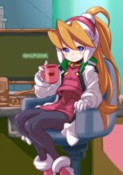 Rule 34 | blonde hair, blue eyes, bodystocking, breasts, chair, ciel (mega man), cup, gloves, high heels, highres, holding, holding cup, lab coat, long hair, looking at viewer, mega man (series), mega man zero (series), office chair, pink headwear, ponytail, puddinghomhom, sitting, skirt, small breasts, smile, swivel chair