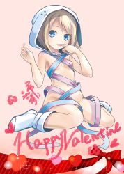 Rule 34 | 1girl, absurdres, bad id, bad twitter id, blonde hair, blue eyes, boots, breasts, english text, full body, happy valentine, heart, highres, hood, hood up, licking, licking finger, naked ribbon, navel, original, pink background, pink ribbon, pop (electromagneticwave), red ribbon, ribbon, short hair, simple background, sitting, small breasts, solo, swept bangs, wariza, white footwear, white hood