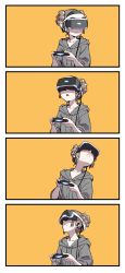 Rule 34 | 1girl, bou (inubou), comic, commentary request, controller, game controller, gamepad, head-mounted display, highres, holding, holding controller, hood, hoodie, orange background, original, simple background, solo