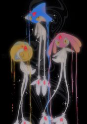 Rule 34 | absurdres, azelf, black background, closed eyes, closed mouth, commentary, creatures (company), dripping, floating, game freak, gen 4 pokemon, highres, legendary pokemon, looking at viewer, mesprit, nintendo, no humans, pokemon, pokemon (creature), shieriru, sparkle, uxie, yellow eyes