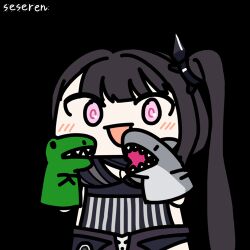 Rule 34 | 1girl, :d, animated, animated gif, architect (girls&#039; frontline), artist name, black hair, blush, breasts, chibi, cleavage, dinosaur, girls&#039; frontline, hair ornament, hand puppet, long hair, lowres, medium breasts, one side up, open mouth, pink eyes, puppet, sangvis ferri, seseren, shark, simple background, smile, solo, transparent background, upper body, very long hair