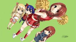 Rule 34 | 4girls, :&lt;, blonde hair, blue hair, brown eyes, cheerleader, child, d:, end card, erza scarlet, fairy tail, flare corona, lucy heartfilia, mashima hiro, multiple girls, official art, official wallpaper, open mouth, plue, pom pom (cheerleading), red hair, scar, skirt, tattoo, wallpaper, wendy marvell, aged down