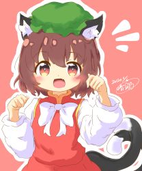 1girl :d absurdres animal_ear_fluff animal_ears blouse bow brown_hair cat_ears cat_girl cat_tail chen fang hat highres long_sleeves mob_cap multiple_tails open_mouth orange_eyes shirt short_hair skirt smile tail touhou two_tails vest white_shirt yaminabe_(honnouji_no_kaninabe)