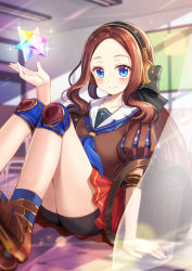 Rule 34 | 1girl, arm support, ass, backpack, bag, bike shorts, black bow, blue eyes, blurry, blurry background, blush, bow, breasts, brown bag, brown hair, closed mouth, commentary request, fate/grand order, fate (series), foot out of frame, forehead, gloves, hair bow, headphones, highres, knees up, leonardo da vinci (active sailor) (fate), leonardo da vinci (fate), leonardo da vinci (fate/grand order), leonardo da vinci (rider) (fate), long hair, looking at viewer, mongble, neckerchief, parted bangs, pleated skirt, puffy short sleeves, puffy sleeves, red skirt, sailor collar, saint quartz (fate), shirt, short sleeves, shorts, shorts under skirt, sidelocks, sitting, skirt, small breasts, smile, solo, sparkle, very long hair