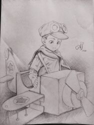 Rule 34 | 1boy, 2023, cacto art, cardboard, cardboard plane, child, commentary, graphite (medium), greyscale, hat, hatching (texture), highres, looking down, male focus, monochrome, original, photo (medium), propeller, scarf, signature, sitting, solo, traditional media