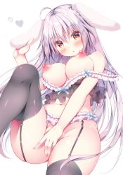 Rule 34 | 1girl, :o, ahoge, animal ears, black thighhighs, breasts, brown eyes, cleavage, commentary, covering privates, covering crotch, fake animal ears, garter belt, garter straps, hair between eyes, heart, highres, large breasts, leg up, lingerie, long hair, looking at viewer, navel, nipples, open mouth, original, silver hair, simple background, solo, suzukawa yui, symbol-only commentary, thighhighs, thighs, underwear, white background