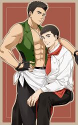 Rule 34 | 9wgt64, abs, ao isami, apron, arm around shoulder, bare pectorals, black hair, black pants, brown hair, chef, closed mouth, dog tags, feet out of frame, fingerless gloves, gloves, green vest, hand on another&#039;s waist, highres, inset border, light smile, looking at viewer, male focus, navel, outline, pants, pectorals, pink outline, red background, red scarf, ryuji satake, scarf, shirt, short hair, sitting, sleeveless, toned, toned male, twitter username, uniform, vest, waist apron, white shirt, yuuki bakuhatsu bang bravern