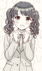 Rule 34 | 1girl, artist request, black ribbon, blazer, blush, clenched hands, commentary request, fangs, flower, fukumaru koito, greyscale, hair flower, hair ornament, highres, idolmaster, idolmaster shiny colors, jacket, long sleeves, looking at viewer, medium hair, monochrome, neck ribbon, open mouth, pleated skirt, ribbon, school uniform, shirt, skin fangs, skirt, solo, sweatdrop, swept bangs, twintails, upper body, white shirt