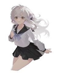 Rule 34 | 1girl, black sailor collar, black skirt, brown eyes, clenched hand, closed mouth, curly hair, flower, fuyusaka iori, hair between eyes, hair flower, hair ornament, highres, juusan kihei bouei ken, lilith-lily, long hair, long sleeves, looking at viewer, neckerchief, pink flower, pleated skirt, purple neckerchief, sailor collar, school uniform, serafuku, simple background, skirt, solo, thighs, white background, white hair, white serafuku