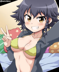 Rule 34 | 10s, 1girl, arm up, artist name, bikini, bikini top only, black hair, black shirt, blush, braid, breasts, brown eyes, cleavage, collarbone, collared shirt, covered erect nipples, eyebrows, girls und panzer, green bikini, grin, hand gesture, long sleeves, looking at viewer, marutakeo, medium breasts, navel, open clothes, open shirt, outstretched arm, pepperoni (girls und panzer), pillow, polka dot, polka dot pillow, reaching, reaching towards viewer, selfie, shirt, short hair, single braid, smile, solo, stomach, swimsuit, taking picture, upper body, v, wing collar, yellow eyes