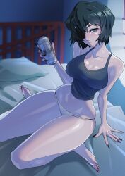 Rule 34 | 1girl, asahi breweries, bare shoulders, bed, beer can, blue eyes, blush, breasts, can, chainsaw man, cleavage, collarbone, drink can, eyepatch, fingernails, green hair, highres, himeno (chainsaw man), holding, holding can, large breasts, long hair, looking at viewer, medium breasts, minicop2001, nail polish, narrow waist, no pants, shiny skin, short hair, sitting, skindentation, sleeveless, smile, solo, tank top, thick thighs, thighs, wariza, wide hips