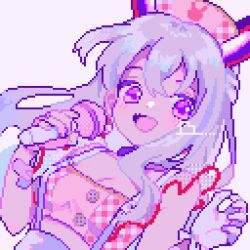 Rule 34 | 1girl, ahiru tokotoko, asymmetrical gloves, commentary, gloves, hat, highres, indie virtual youtuber, looking at viewer, microphone, nurse cap, open mouth, pink hat, pixel art, purple eyes, signature, simple background, solo, symbol-only commentary, upper body, yumemita nonoka