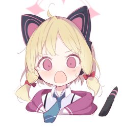 Rule 34 | 1girl, ahoge, animal ear headphones, animal ears, blonde hair, blue archive, blue necktie, blush, bow, cat ear headphones, cat tail, collared shirt, cropped shoulders, fake animal ears, hair bow, halo, headphones, kyuukon (qkonsan), momoi (blue archive), necktie, open mouth, parted bangs, pink eyes, pink halo, red bow, shirt, short hair, solo, surprised, suspenders, sweatdrop, tail, tail raised, white shirt, wide-eyed