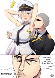 Rule 34 | 1boy, 1girl, 2koma, absurdres, licking armpit, armpits, arms behind head, arms up, azur lane, band-width, bare shoulders, belt, blush, grabbing another&#039;s breast, breasts, comic, commander (azur lane), covered erect nipples, derivative work, english text, engrish text, enterprise (azur lane), gloves, grabbing, hat, highres, jojo no kimyou na bouken, large breasts, licking, long hair, comic panel redraw, meme, military, military uniform, necktie, nipples, no bra, open mouth, parody, peaked cap, purple eyes, ranguage, see-through, serious, shaved head, shirt, signature, silver hair, simple background, sleeveless, sleeveless shirt, surprised, sweat, taste of a liar (meme), uniform, very long hair, white background