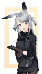 Rule 34 | 1girl, absurdres, animal ears, arknights, asymmetrical bangs, bad id, bad pixiv id, black cloak, black gloves, black jacket, black pantyhose, breasts, cloak, commentary, cowboy shot, elbow gloves, eyelashes, gloves, grey eyes, highres, jacket, long hair, looking at viewer, medium breasts, open mouth, orange background, own hands together, pantyhose, parted bangs, rabbit ears, savage (arknights), shinidei, short twintails, silver hair, simple background, smile, solo, straight hair, striped, swept bangs, turtleneck, twintails, two-tone background, two side up, vertical stripes, white background