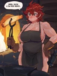 Rule 34 | 1girl, absurdres, anvil, apron, areola slip, biceps, blush, breasts, brown gloves, curvy, diforland, dildo, dungeon meshi, dwarf, english text, fire, forge, gloves, hammer, heart, heart in eye, highres, large breasts, muscular, muscular female, naked apron, namari (dungeon meshi), plump, red hair, sex toy, short hair, shortstack, solo, speech bubble, sweat, symbol in eye, thighs, very sweaty
