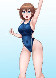 Rule 34 | 1girl, blue eyes, blue one-piece swimsuit, brown hair, commentary request, competition swimsuit, feet out of frame, flipped hair, green background, headgear, hiei (kancolle), highleg, highleg swimsuit, kantai collection, nikku (nzaf5832), one-piece swimsuit, short hair, solo, standing, swimsuit