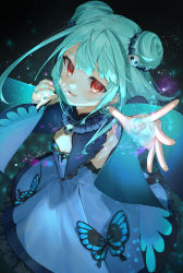 Rule 34 | 1girl, absurdres, aqua hair, aqua nails, artist name, blue dress, bug, butterfly, cleavage cutout, clothing cutout, commentary, detached sleeves, double bun, dress, dutch angle, flat chest, from above, gotou (nekocat), hair bun, hair ornament, highres, hololive, insect, looking at viewer, magic, medium hair, nail polish, open mouth, outstretched arm, red eyes, sidelocks, signature, skull hair ornament, smile, solo, uruha rushia, uruha rushia (1st costume), virtual youtuber, wide sleeves