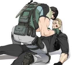 Rule 34 | 2boys, albert wesker, bara, black gloves, black hair, black pants, black shirt, blonde hair, blood, blood from mouth, blood on face, chris redfield, crying, gloves, green gloves, green shirt, grey pants, gun, holster, holstered, injury, knife sheath, knife sheath, looking at another, lying, male focus, multiple boys, muscular, muscular male, on back, pants, resident evil, resident evil 5, sheath, shirt, short hair, shoulder holster, simple background, tatsumi (psmhbpiuczn), tears, thigh holster, weapon, white background, yaoi