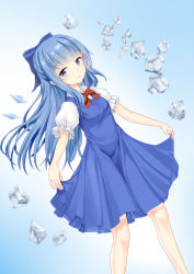 Rule 34 | 1girl, alternate hair length, alternate hairstyle, blue background, blue bow, blue dress, blue eyes, blue hair, bow, chinese commentary, cirno, dress, dutch angle, feet out of frame, gradient background, hair bow, half updo, highres, huanxiang xiangde xiaoyue, ice, light particles, long hair, looking at viewer, pinafore dress, puffy short sleeves, puffy sleeves, red neckwear, red ribbon, ribbon, shirt, short sleeves, sidelocks, skirt hold, sleeveless dress, smile, solo, tareme, touhou, white shirt, wings