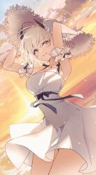 1girl absurdres b_soyo1 blue_archive blush breasts cleavage dawn demon_horns dress halo hat highres horns medium_breasts official_alternate_costume sena_(blue_archive) sena_(casual)_(blue_archive) short_hair sleeveless sleeveless_dress smile solo sun_hat sundress white_dress white_hair yellow_eyes